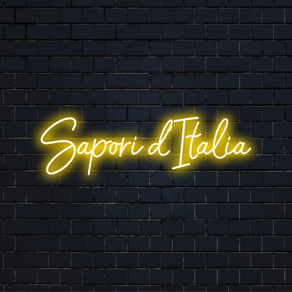 Individuelles LED-Neonschild mit der Aufschrift „Sapori D‘Italia“; perfekt, um jedem Raum mit lebendigem Neonlichtdekor einen geschmackvollen Glanz zu verleihen.