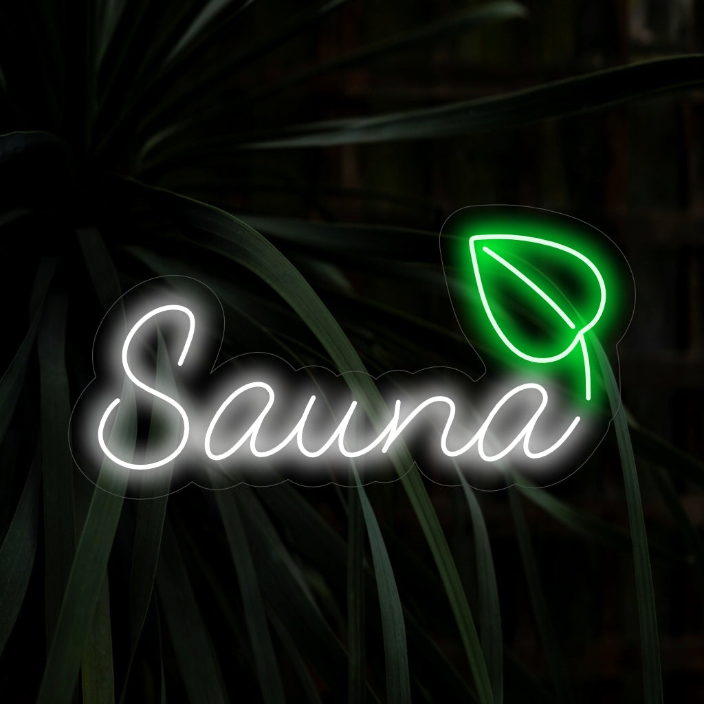 „Sauna and Leaf Neon Sign“ strahlt mit seinem beruhigenden Design Ruhe aus und verleiht Ihrem Spa- oder Wellness-Interieur eine einladende und natürliche Note.