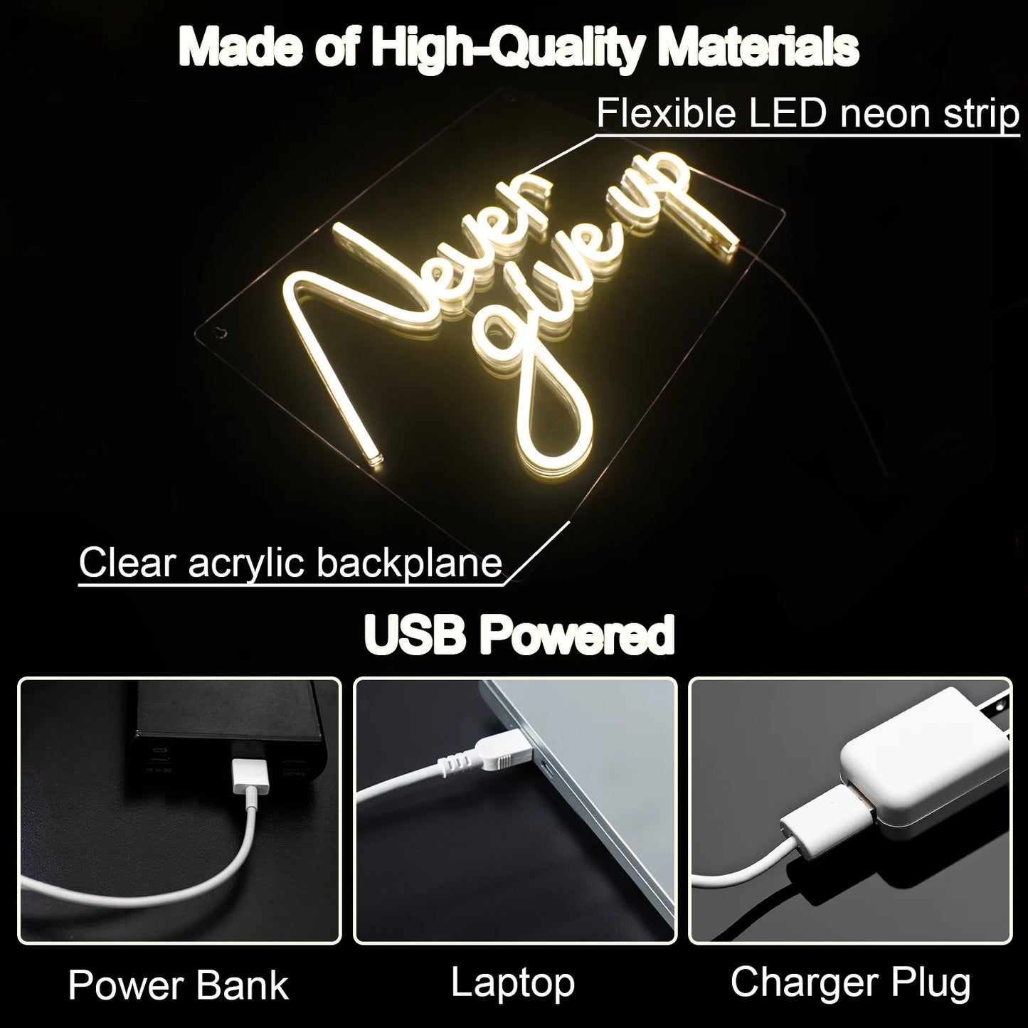 Never Give Up 5V USB LED Leuchtschild - Preisgünstig