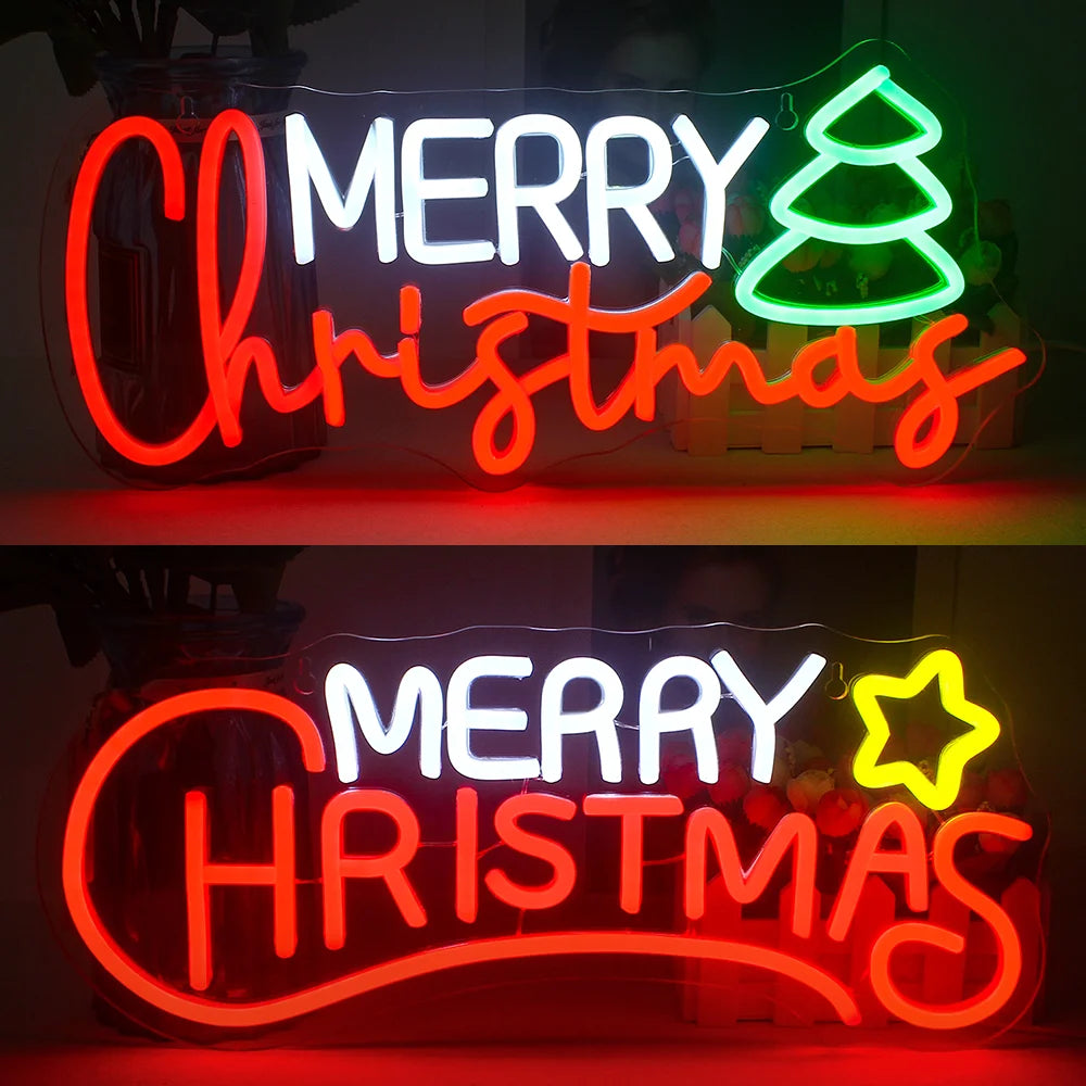 Das Bild zeigt ein leuchtendes LED-Neonschild mit der Aufschrift „Frohe Weihnachten“, das an einer schlichten Wand angebracht ist.