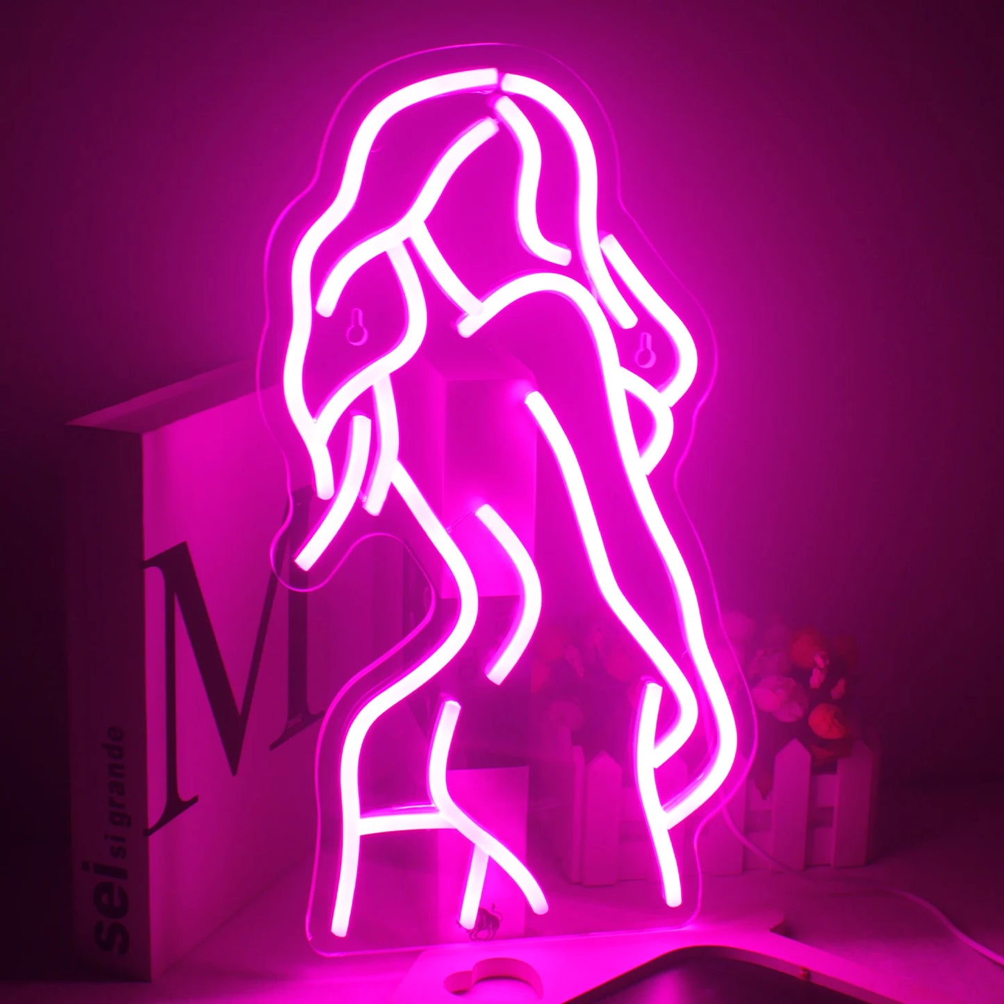 Das Bild zeigt ein stilvolles und künstlerisches LED-Neonschild in Form der Silhouette einer sexy Dame.