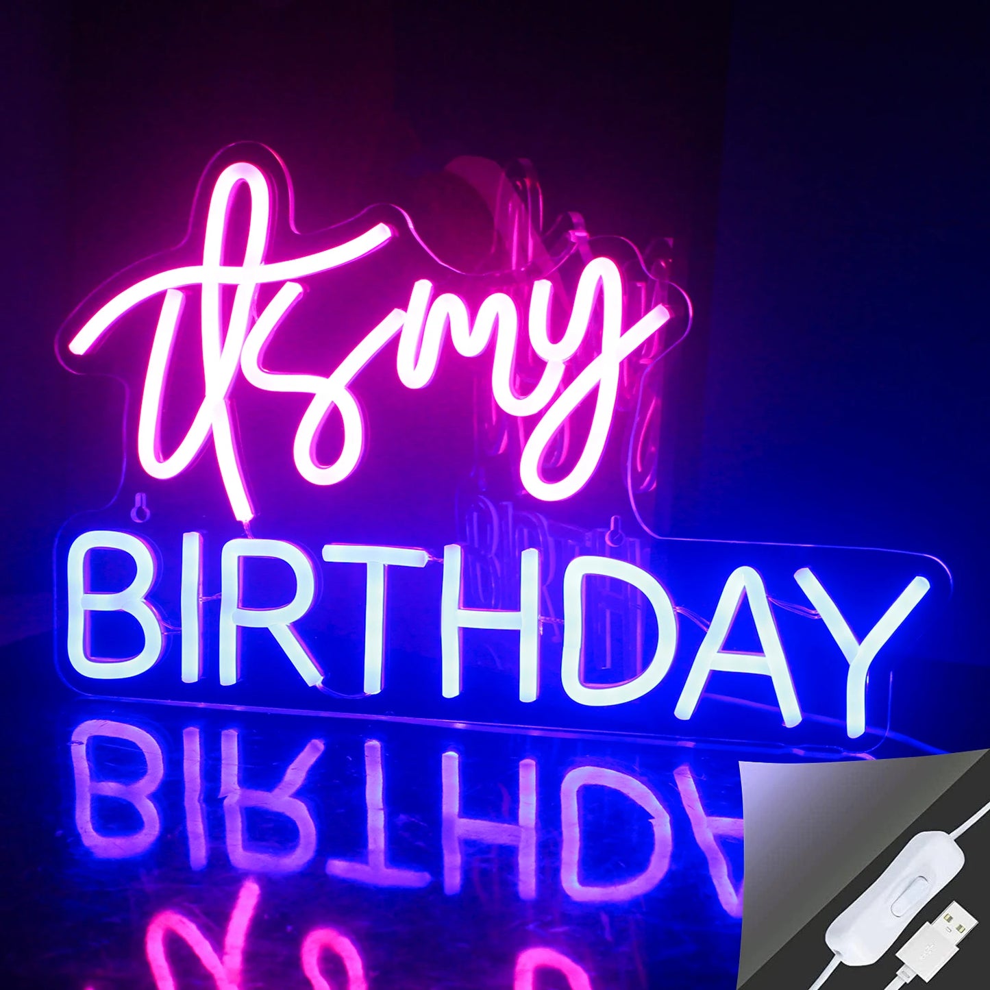 Das Bild zeigt ein leuchtendes, handgefertigtes LED-Neonschild, auf dem in eleganter Schreibschrift „Mein Geburtstag“ steht.