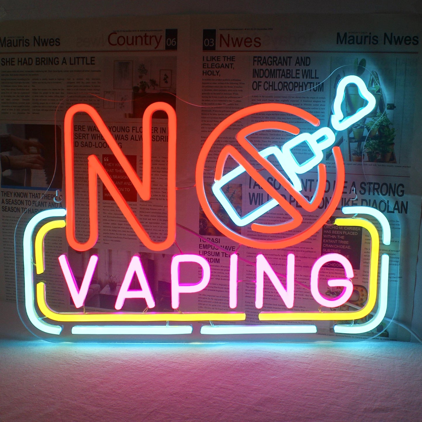 Das Bild zeigt ein leuchtendes, handgefertigtes LED-Neonschild mit der Aufschrift „No Vaping“.