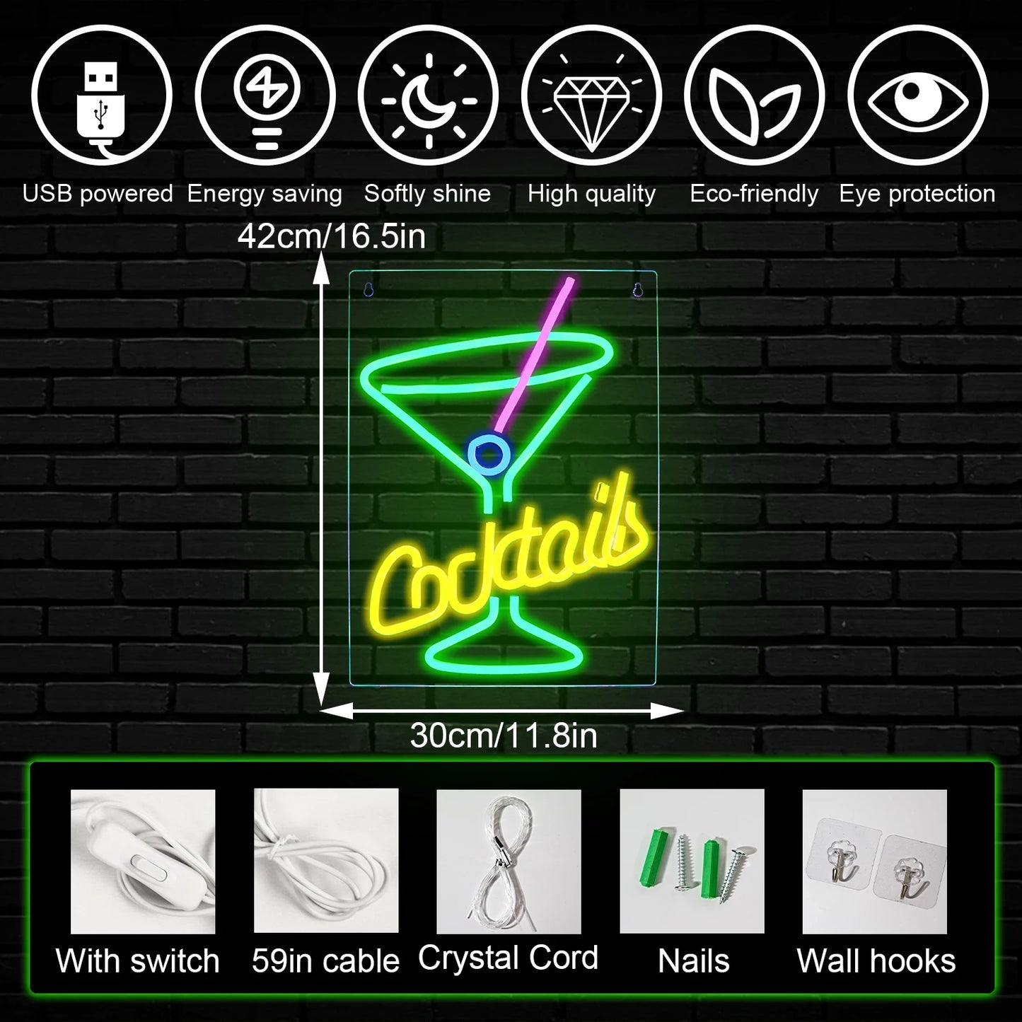 Grüne Cocktails 5V USB LED Neonschild - Preiswert
