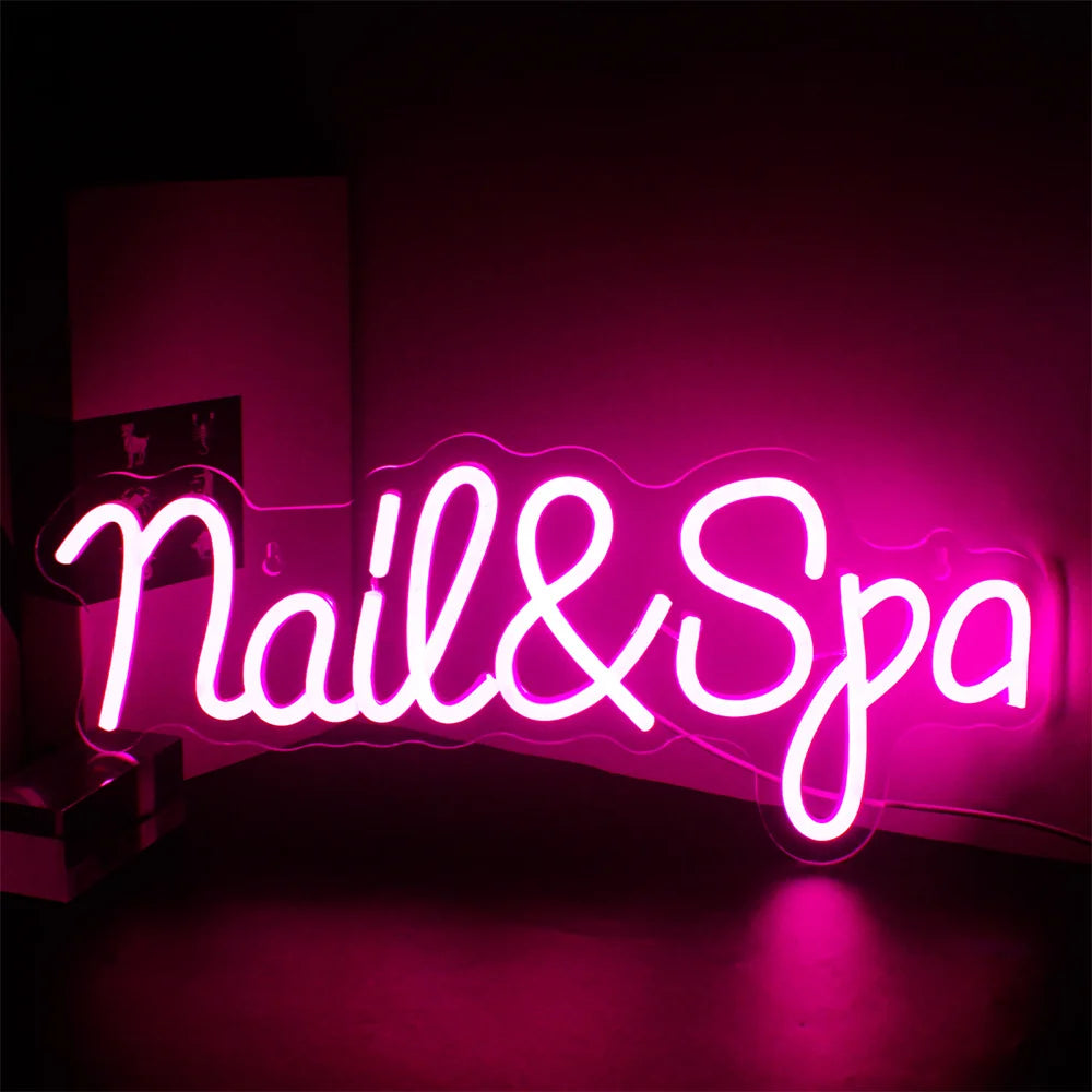Das Bild zeigt ein leuchtendes LED-Neonschild, das für ein Nagelstudio entworfen wurde.