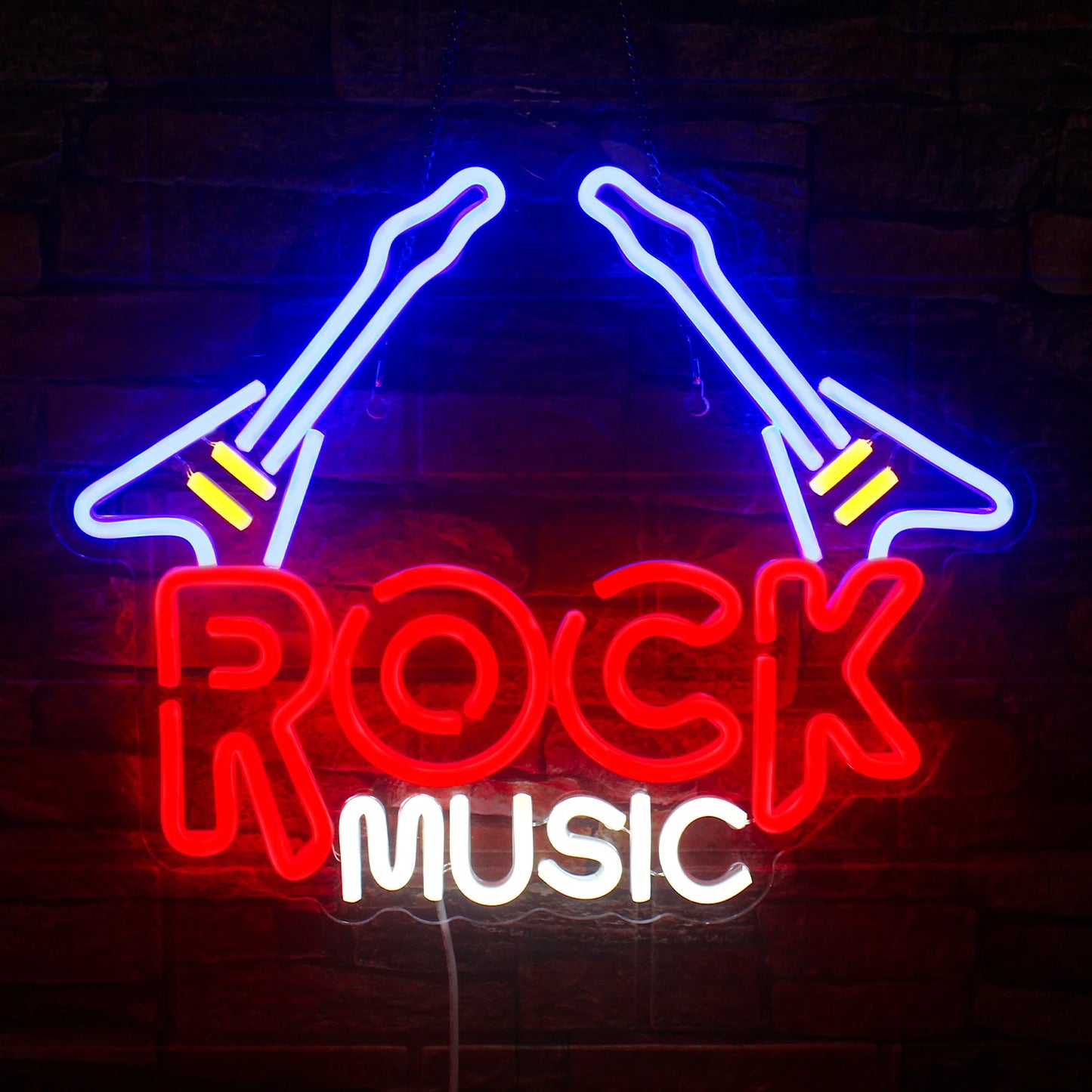 Das Bild zeigt ein lebendiges LED-Neonschild mit einer Rockgitarre, auf dem eine stilisierte E-Gitarre mit leuchtenden Neonfarben umrandet ist.