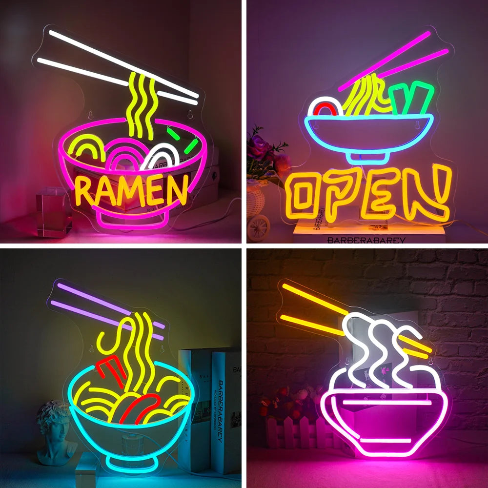 Das Bild zeigt ein lebendiges, handgefertigtes LED-Neonschild, das eine stilisierte Schüssel Ramen darstellt.