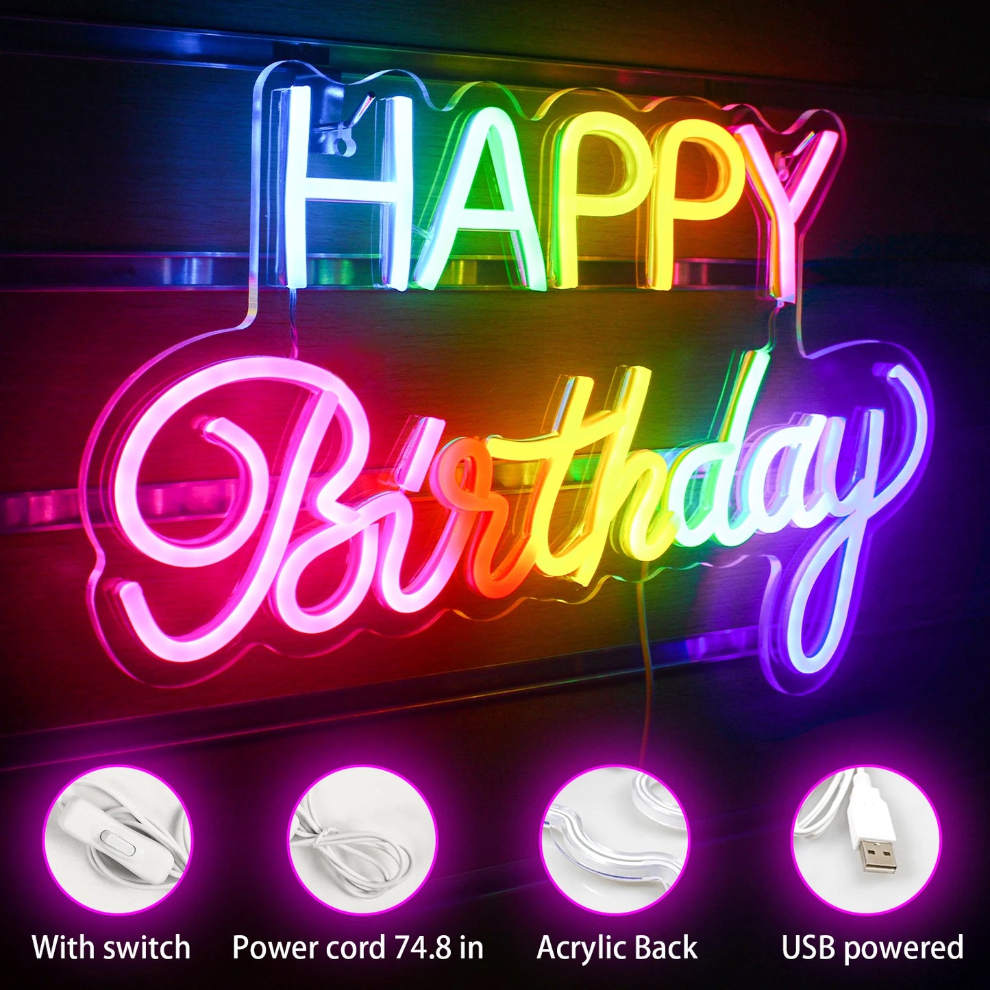 LED Happy Birthday Bunt 5V USB Neon Schild - Preisgünstig