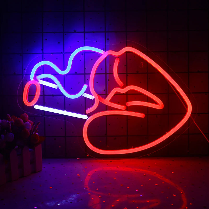 **Alternativer Text:** Ein leuchtendes LED-Neonschild, das die untere Hälfte eines stilisierten Frauengesichts darstellt.