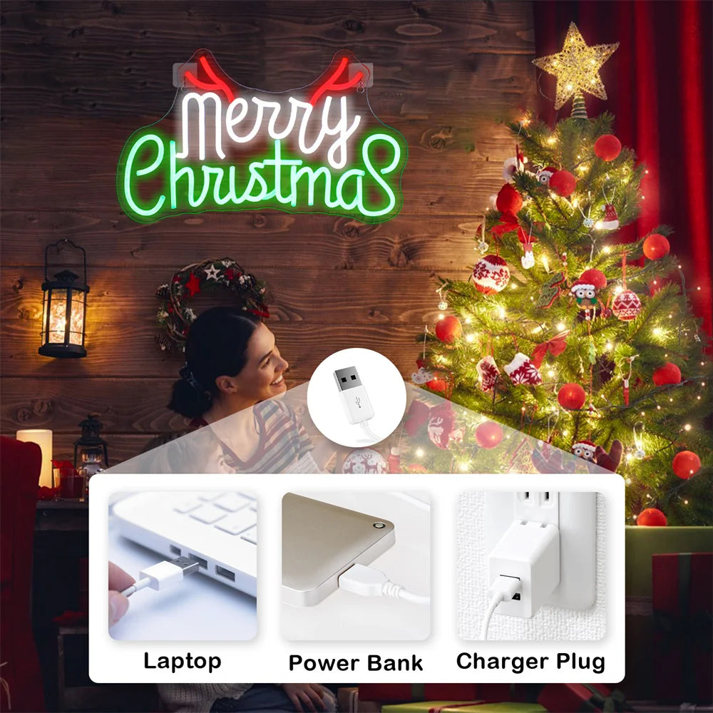 Grün Rotes Frohe Weihnachten 5V USB LED Neonschild - Preisgünstig
