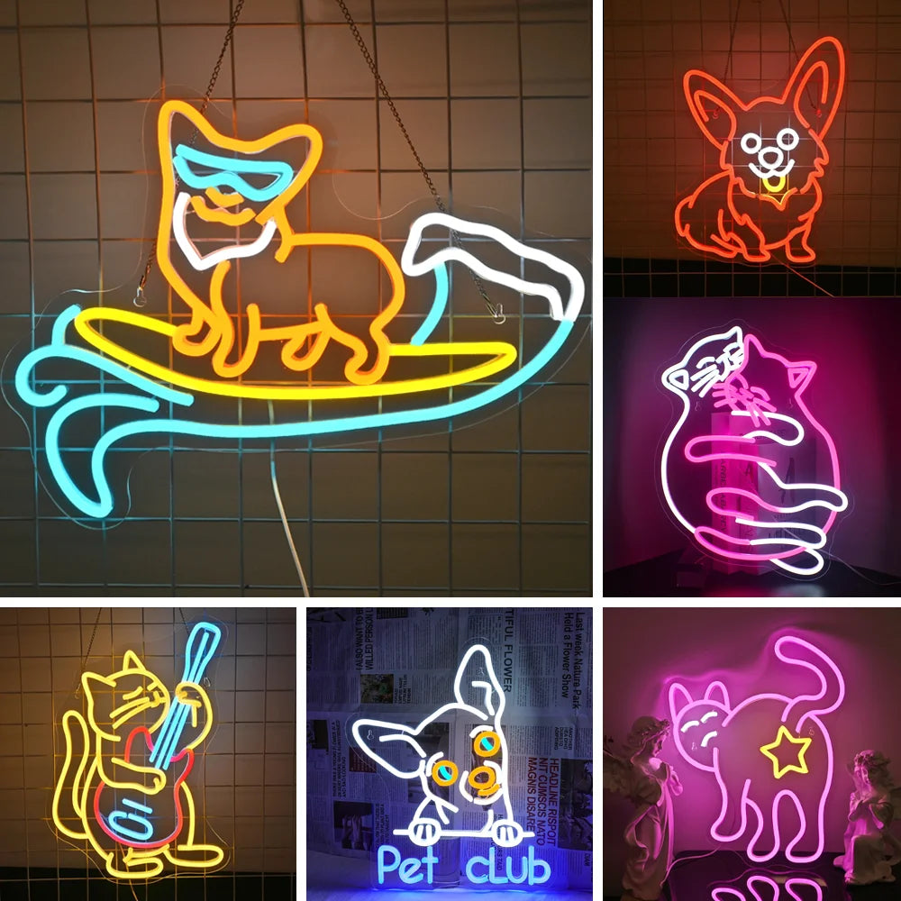 Das Bild zeigt ein handgefertigtes LED-Neonschild in Form eines Corgi-Hundes, das mit leuchtenden Neonlichtern gestaltet ist.