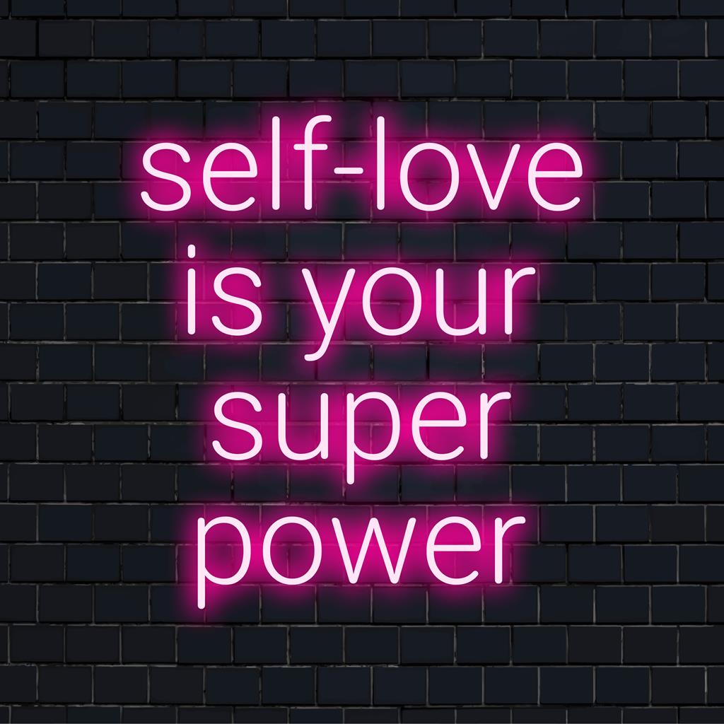 Strahlend rosa LED-Neonschild mit der Aufschrift „Selbstliebe ist deine Superkraft“, perfekt für eine lebendige, kraftvolle Wanddekoration.