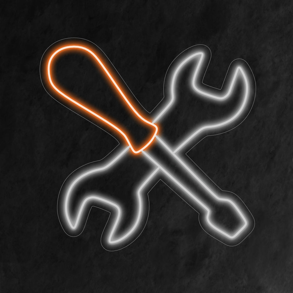 „Service Tool Neon Sign“ beleuchtet Ihren Arbeitsplatz mit einer dynamischen Anzeige wichtiger Werkzeuge und verkörpert Handwerkskunst und Präzision.