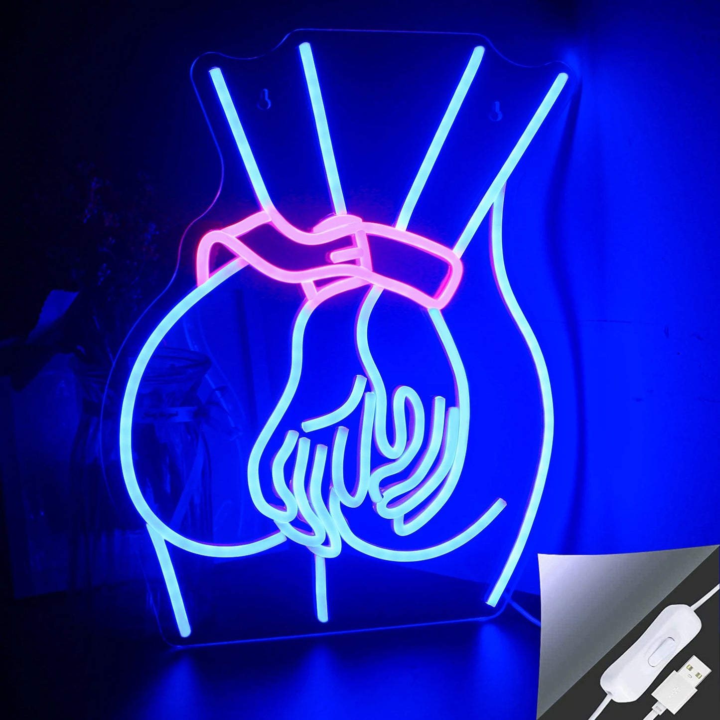 Ein leuchtendes LED-Neonschild, das die Silhouette eines Frauenkörpers darstellt.