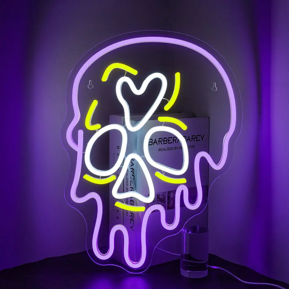 Ein leuchtendes LED-Neonschild in Form eines Skeletts.