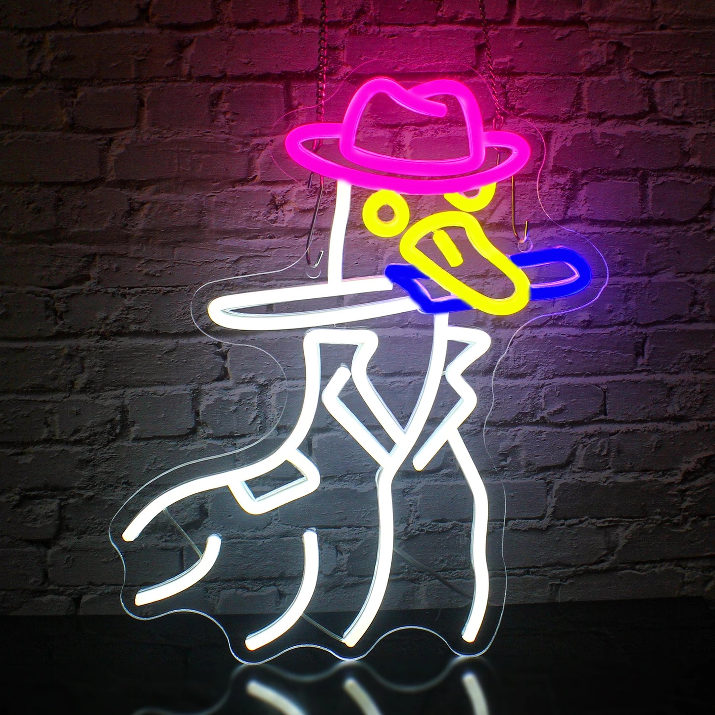 Das Bild zeigt ein leuchtendes LED-Neonschild in Form einer Cowboy-Ente.