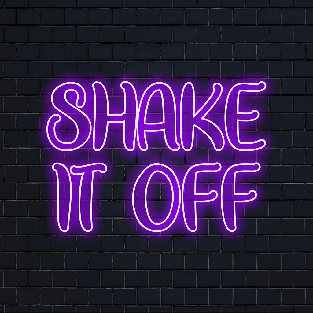 Maßgefertigtes LED-Neonschild „Shake It Of“, das einzigartige Designelemente und lebendige Neonlichtkunst für eine trendige Einrichtung vereint.