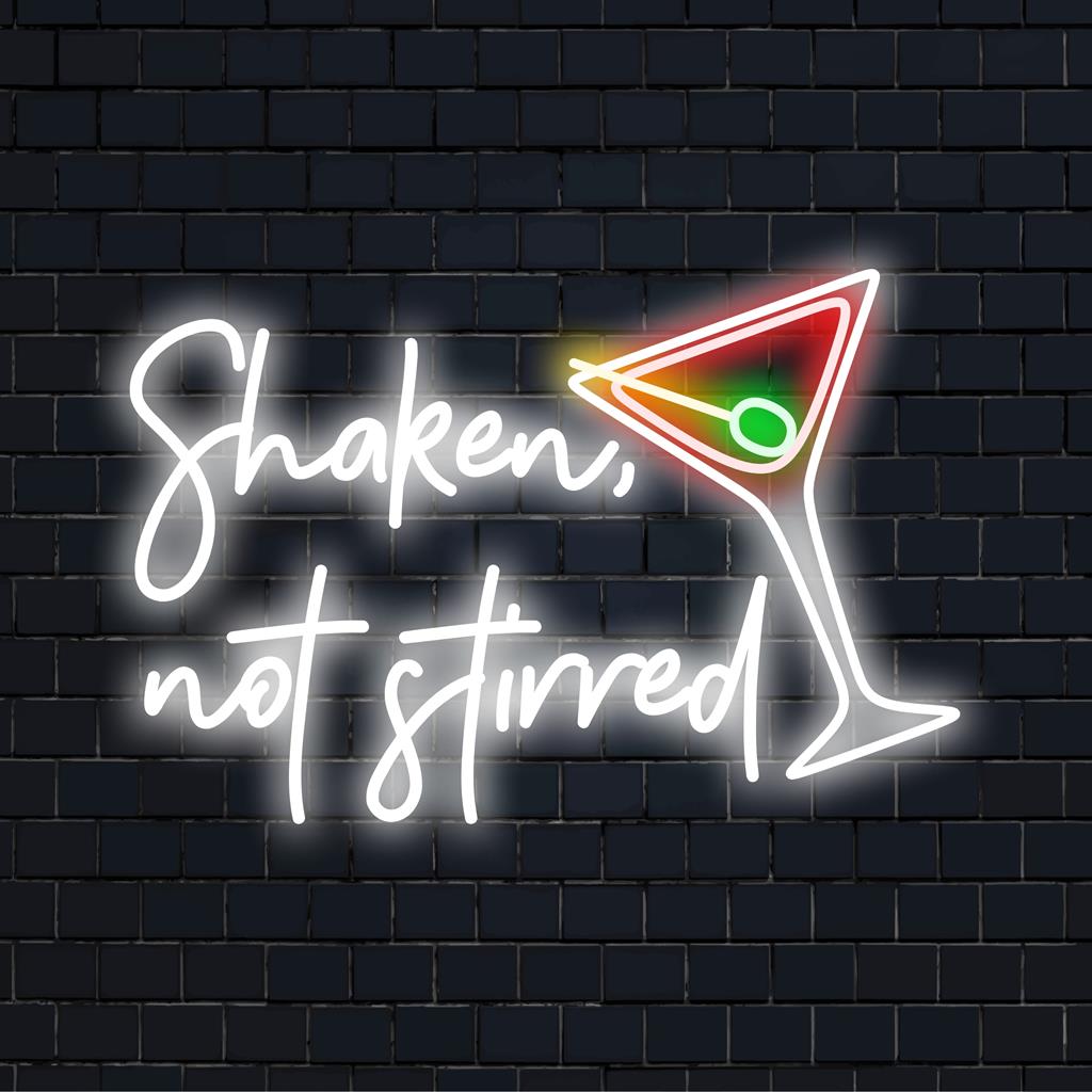Lebendiges LED-Neonschild „Shaken, Not Stirred“; perfekte Mischung aus Stil und Humor in einzigartigem Neonlichtdekor.