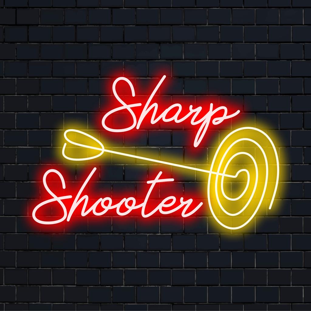Das leuchtende LED-Neonschild mit dem Titel „Sharp Shooter“ verleiht jedem Raum mit seinem auffälligen Leuchten das gewisse Etwas; ideale Neon-Wandkunst und individuelle Dekoration.
