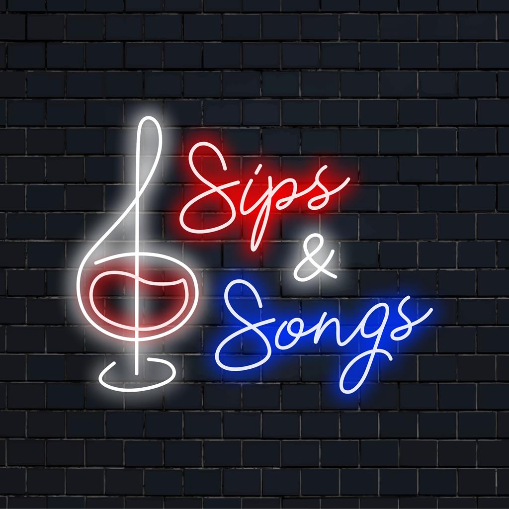 Individuelles LED-Neonschild „Sips and Songs“, perfekte Neonlichtdekoration zum Schaffen einer lebendigen und lebhaften Atmosphäre in jedem Raum.