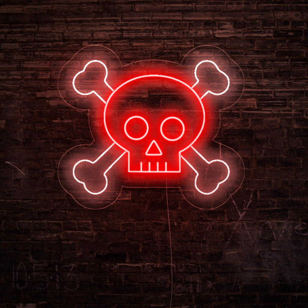 „Skull and Bones Neon Sign“ verleiht mit seiner ikonischen Bildsprache eine mutige und kantige Note und verbreitet einen kraftvollen Schein für eine rebellische und dramatische Atmosphäre in Ihrem Raum.