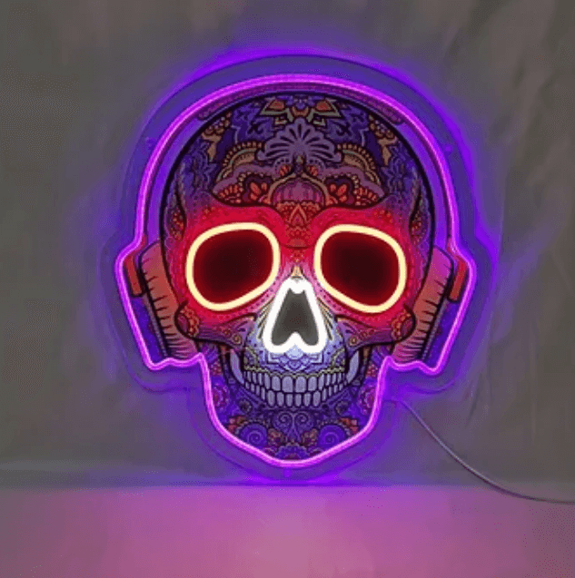 Totenkopf mit Kopfhörern UV-Druck LED-Neonschild - The Art Neon
