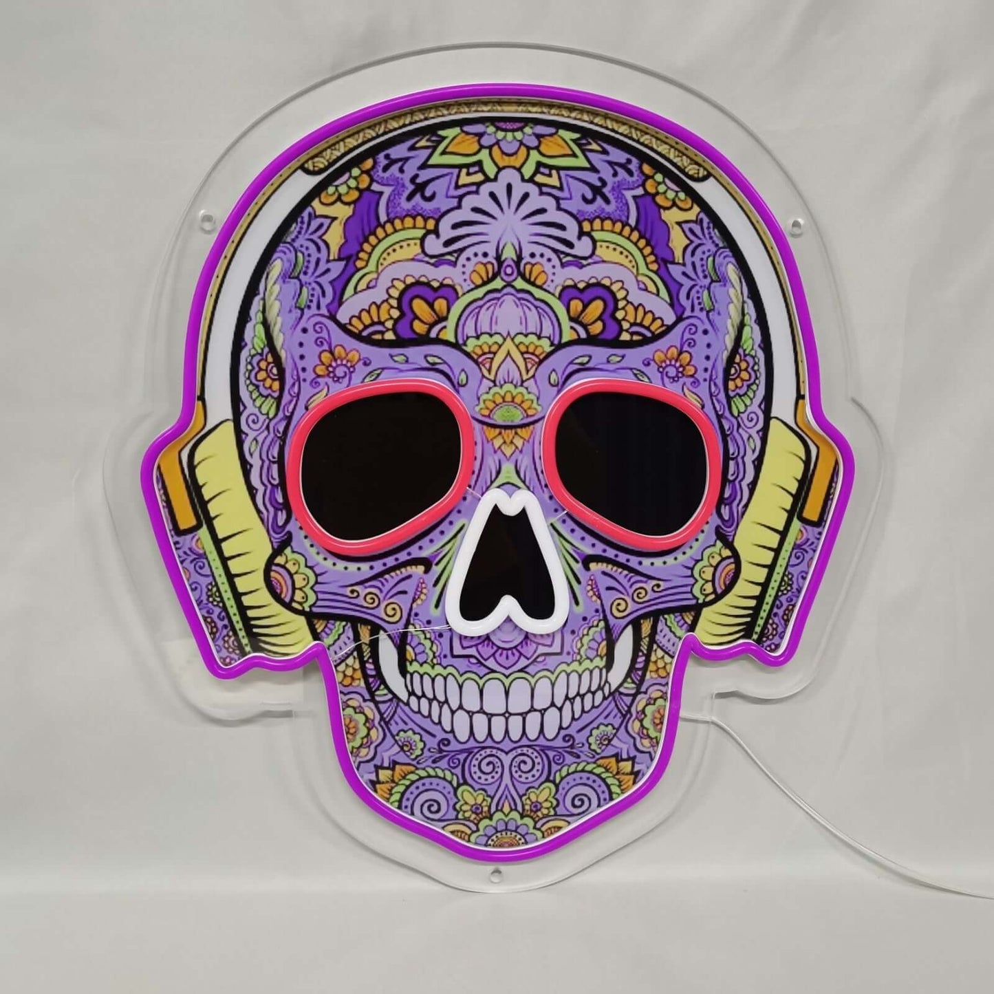 Totenkopf mit Kopfhörern UV-Druck LED-Neonschild - The Art Neon