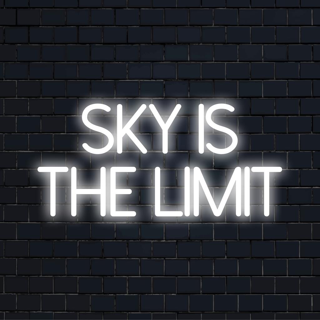 Leuchtendes LED-Neonschild mit der Aufschrift „Sky Is The Limit“, perfekt als inspirierende Neon-Zitatkunst für eine personalisierte Wanddekoration.