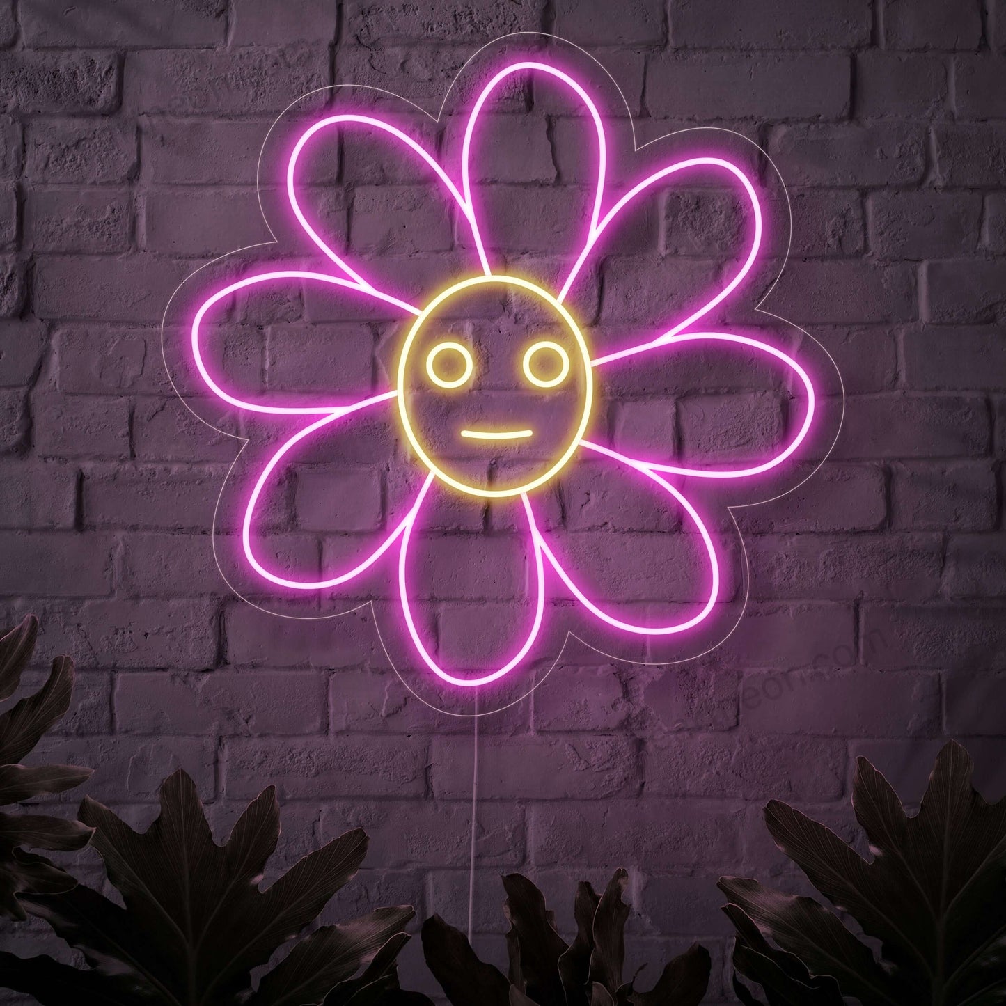 Ein beleuchtetes Neonschild mit einer fröhlich lächelnden Blume, das jedem Raum einen Hauch von Natur und floralem Charme verleiht