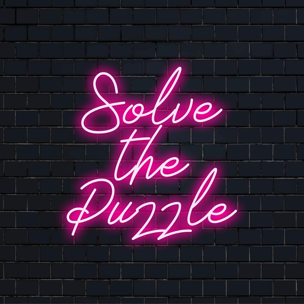 Maßgefertigtes LED-Neonschild mit dem Text „Solve The Puzzle“ in leuchtenden Farben, perfekt für einzigartige Neon-Wandkunst und -Dekor.