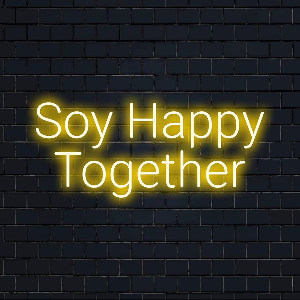 Individuelles LED-Neonschild mit der Aufschrift „Soy Happy Together“, perfekt, um jedem Raum eine verspielte, persönliche Note zu verleihen.