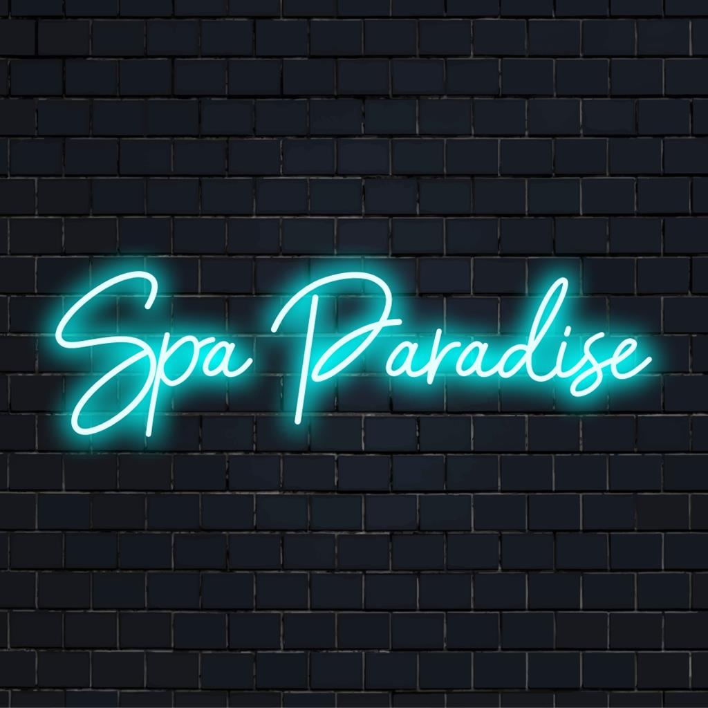 Lebendiges, individuell angefertigtes LED-Neonschild mit dem Namen „Spa Paradise“, perfekt, um entspannende Räume mit einer beruhigenden Neon-Aura aufzuwerten.