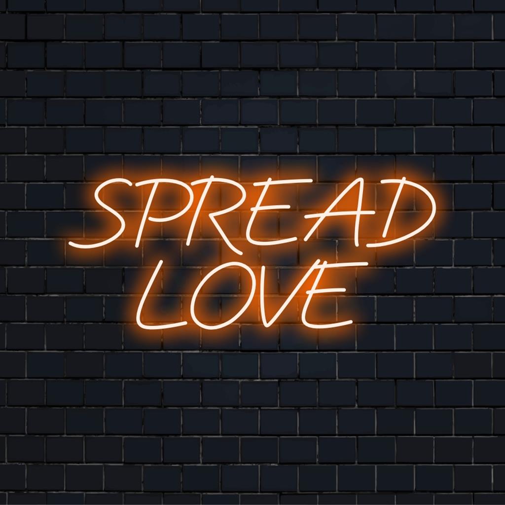 Individuell gestaltetes LED-Neonschild mit der Aufschrift „Spread Love“, das warm leuchtet und sich perfekt für Neonlichtdekor und -ambiente eignet.