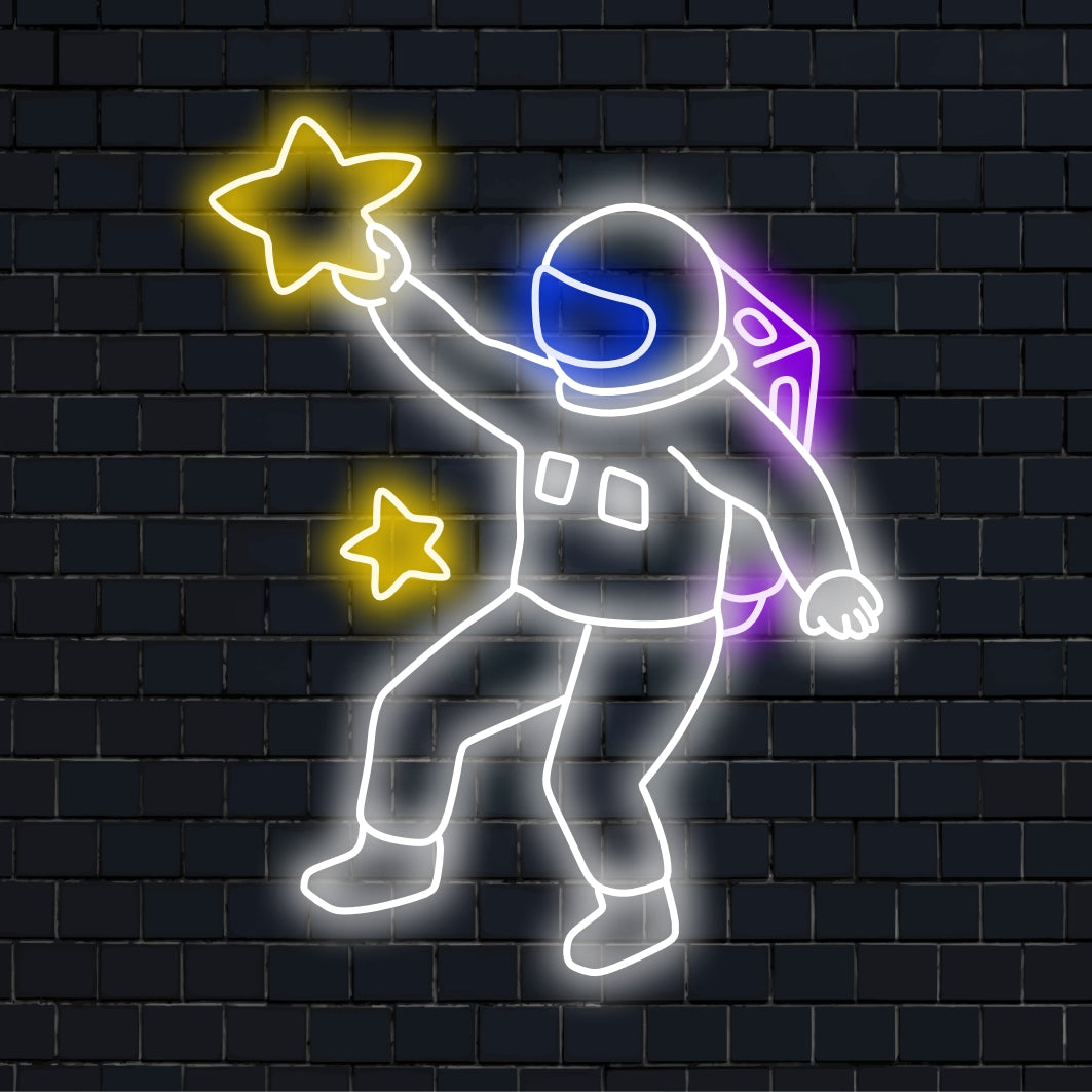 Ein beleuchtetes Neonschild mit einem Astronauten, der einen Stern hält, symbolisiert die Erforschung und das Wunder des Weltraums