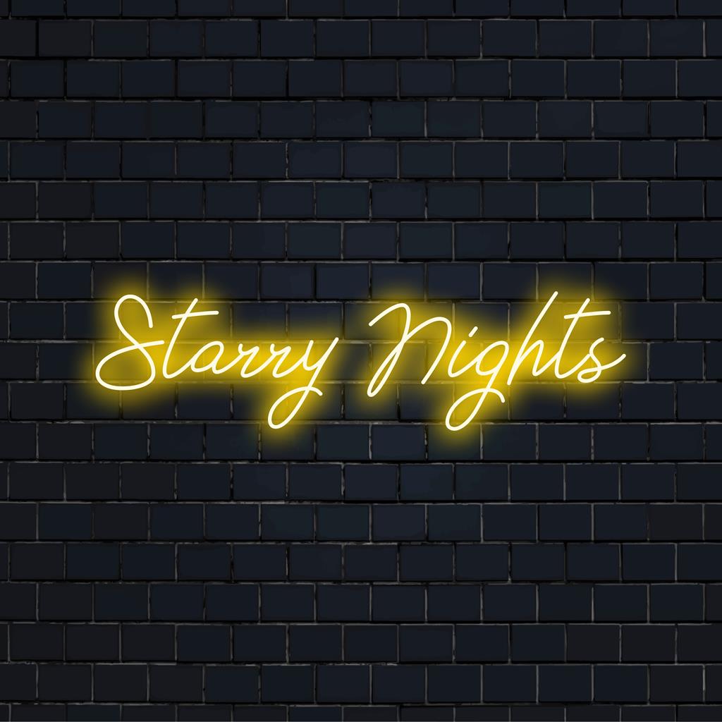 Das individuelle Neonschild „Starry Nights“ sorgt für strahlenden Charme und Atmosphäre und passt mit seiner leuchtenden Wirkung perfekt in jede Inneneinrichtung.