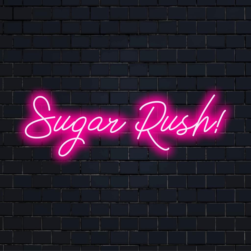 Handgefertigtes LED-Neonschild mit lebendigem „Sugar Rush!“-Text, ideal für individuelle Neonlichtdekoration und einen persönlichen Stil.