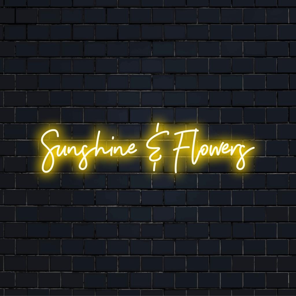 Individuelles LED-Neonschild mit dem Text „Sunshine And Flowers“, perfekt, um jedem Raum ein lebendiges, warmes Lichtdekor zu verleihen.