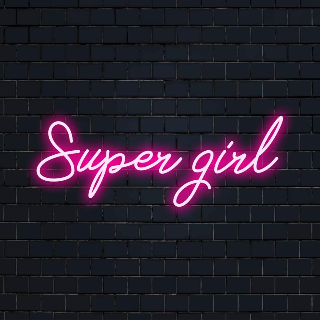 Helles LED-Neonschild mit Super Girl in leuchtenden Farben, perfekt für eine lustige Dekoration in jedem Raum. Individuelles LED-Design.