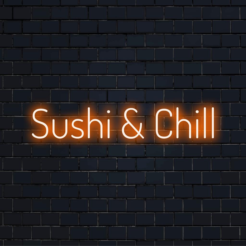 Maßgefertigtes LED-Neonschild mit der Aufschrift „Sushi and Chill“, perfekt für eine einzigartige Neon-Heimdekoration oder stilvolle Ambientebeleuchtung.