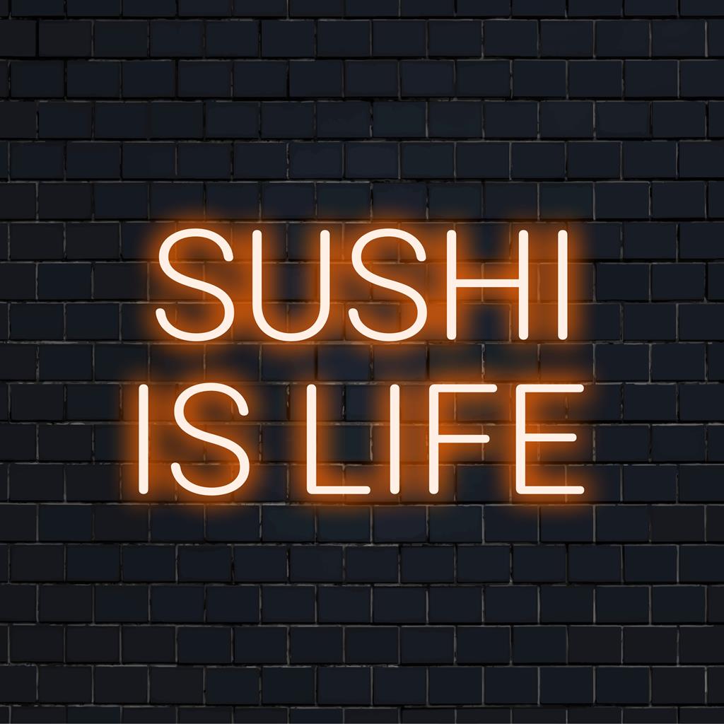 Lebendiges, individuelles LED-Neonschild mit dem verspielten Satz „Sushi Is Life“ in einer farbenfrohen, künstlerischen Neonanzeige.