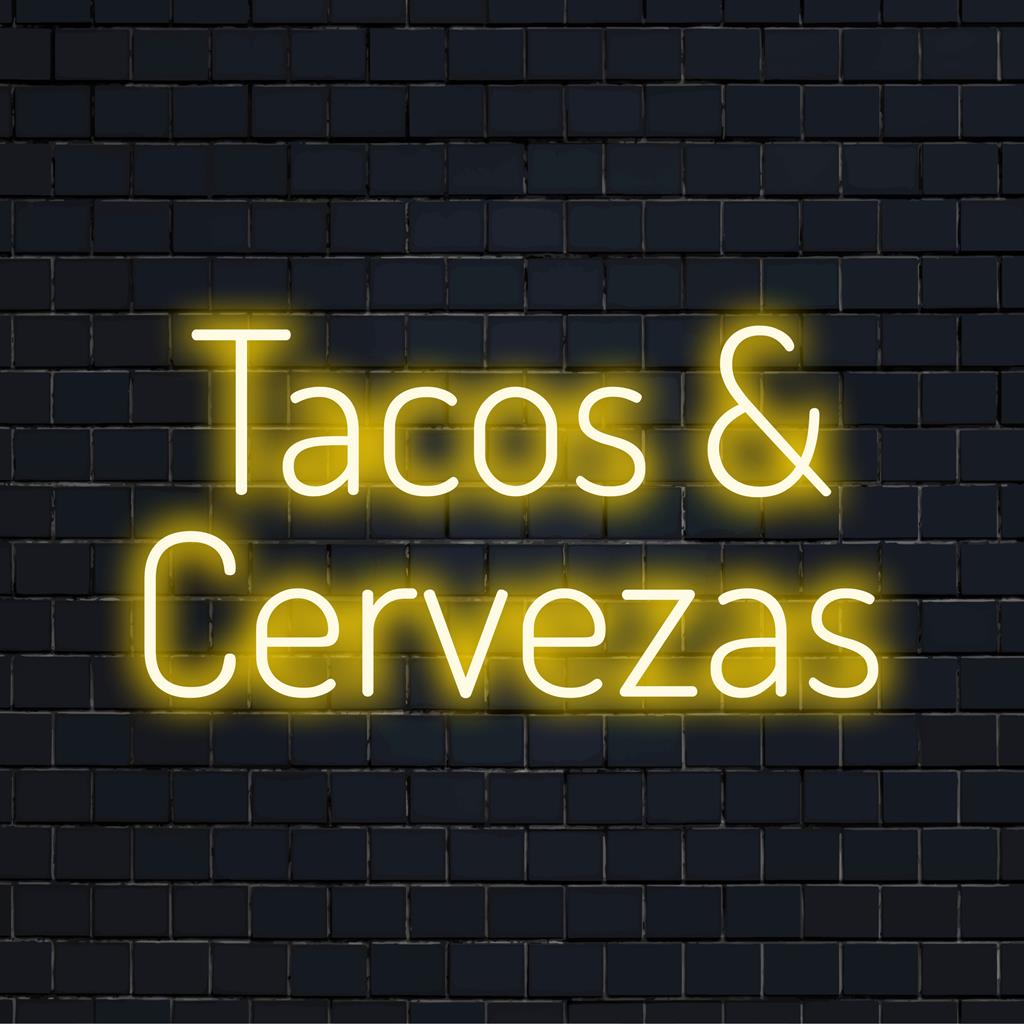 LED-Neonschild „Tacos And Cervezas“ leuchtet in leuchtenden Farben, perfekt für eine lebendige Einrichtung, individuelles Neonkunstwerk für Enthusiasten.