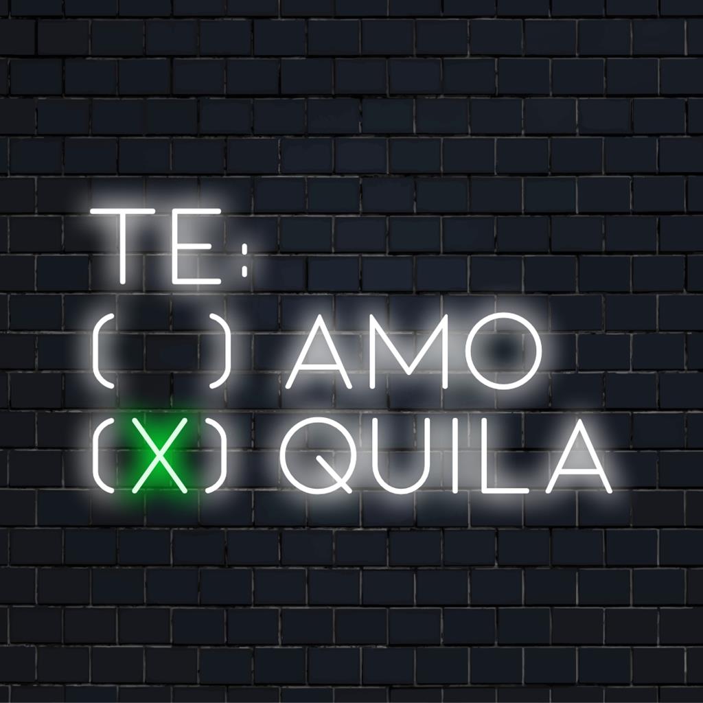 Te Amo X Quila individuelles LED-Neonschild: lebendige Neontextkunst; perfektes Neonlichtdekor mit persönlicher Note. Individuelles Neonschild-Design.