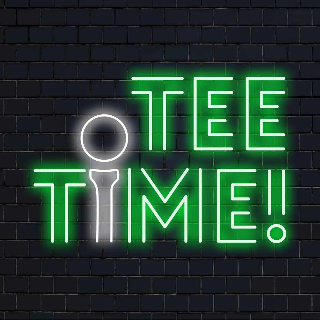 Beleuchtetes Logo mit der Aufschrift „Tee Time!“ in leuchtendem LED-Neon; ideal für individuelle Wandkunst oder personalisierte Neonlichtdekoration.