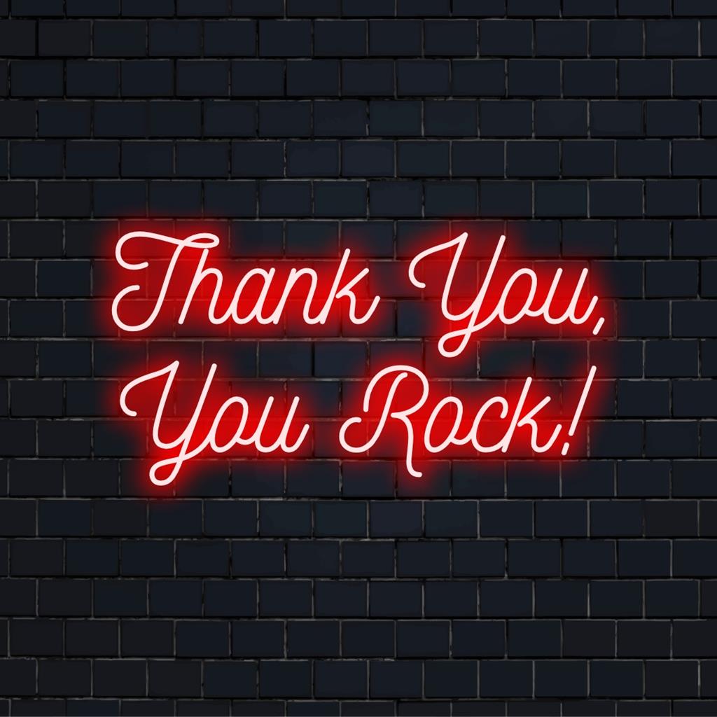 Individuelles Neonschild mit der Aufschrift „Thank You, You Rock!“ in leuchtenden LED-Lichtern, perfekt für eine individuelle Dekoration und einzigartige Wandkunst.