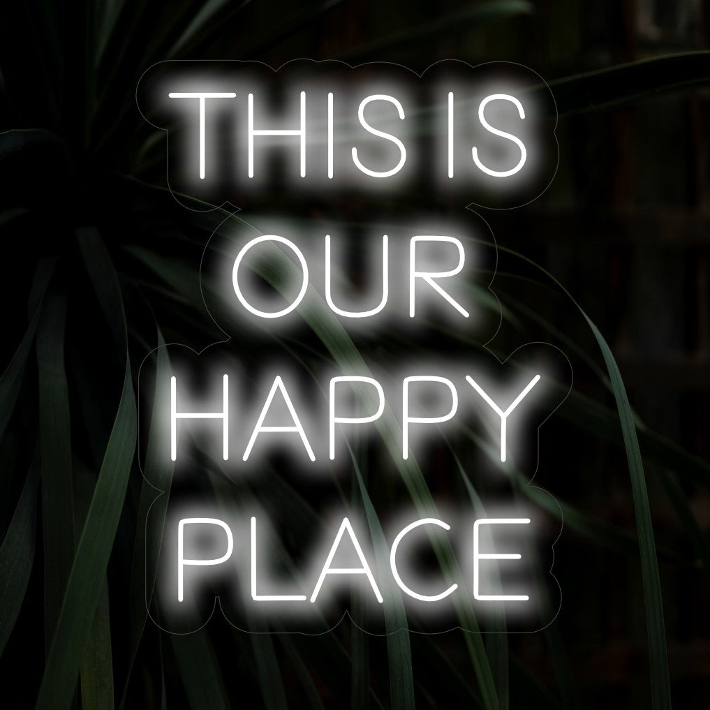 Das Neonschild „This is Our Happy Place“ verbreitet mit seiner feierlichen Botschaft Freude und verbreitet einen warmen Schein, der in Ihrem Raum eine Atmosphäre der Positivität und Liebe schafft.