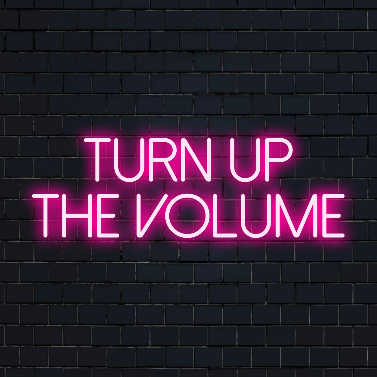 Leuchtendes LED-Neonschild mit der Aufschrift „Turn Up the Volume“, das Charme und Energie ausstrahlt; ideal für dynamische, lebendige Räume.