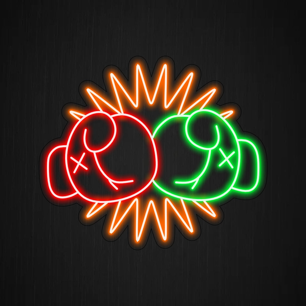Das Neonschild „Zwei Hände mit Boxhandschuhen, die sich gegenseitig schlagen“ sorgt mit seinem dynamischen Design für Intensität und verbreitet einen energetischen Schein, der die Leidenschaft und Action des Boxens in Ihrem Raum feiert.
