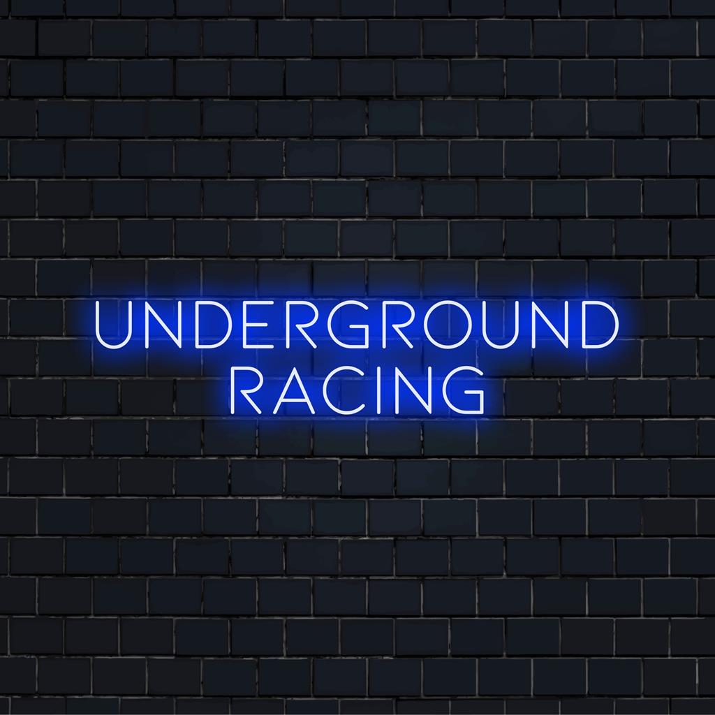Maßgefertigtes LED-Neonschild mit der Aufschrift „Underground Racing“, perfekt, um Ihrem Raum ein lebendiges Rennthema zu verleihen.