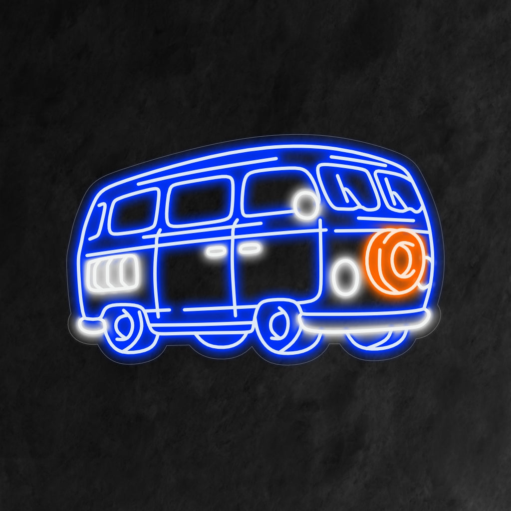 „Vintage Van Neon Sign“ ruft mit seiner klassischen Silhouette, die von einem warmen und nostalgischen Schein erleuchtet wird, Retro-Vibes und Abenteuer hervor.