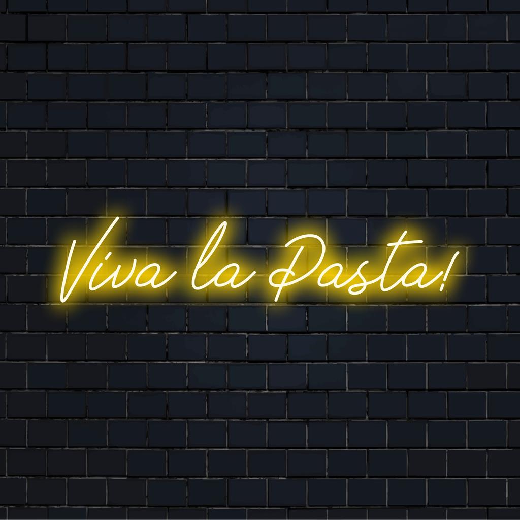 Individuelles LED-Neonschild mit der Aufschrift „Viva La Pasta!“ in leuchtenden Farben; verleiht jeder Inneneinrichtung eine lustige und lebendige Note.
